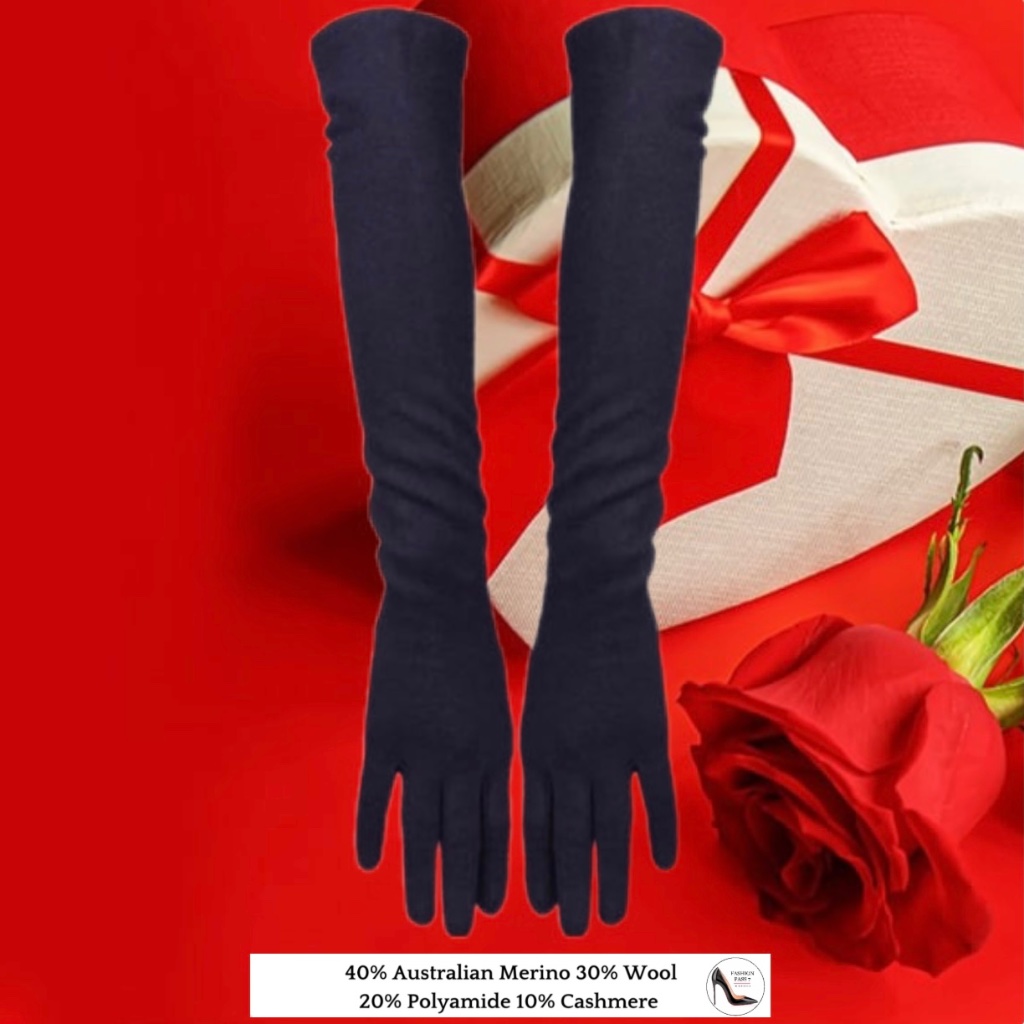 Long Cashmere Merino Wool Gloves Classical Black Opera Driving Winter Warm Glove